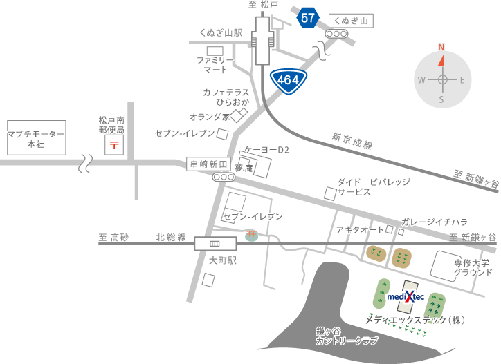 メディエックステック株式会社地図(北総鉄道・大町駅または新京成電鉄・くぬぎ山駅からのルート)